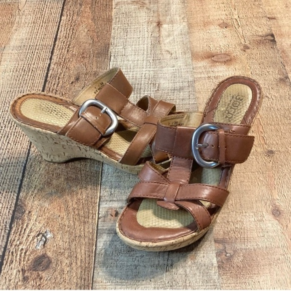 Born‎ Brown Leather Cork Wedge Sandals Strappy Buckle Slide W62326 Womens 7